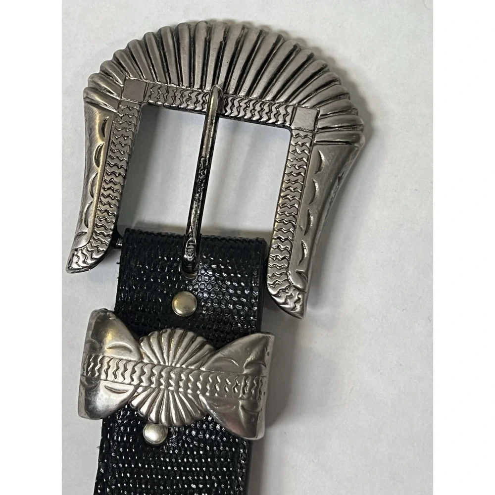 Belt Small‎ Black & Silver  M.A. Logo Buckle Black Faux Tectured Leather